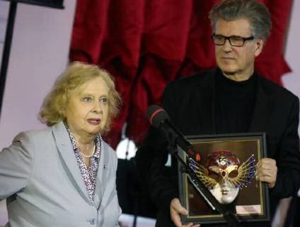 MOSCOW, RUSSIA â€“ MARCH 27, 2018: Actress Galina Anisimova (L) and actor Igor Kostolevsky at a ceremony to present the 2018 Golden Mask awards for outstanding contribution to theatre, at the Bolshoi Theatre. Vyacheslav Prokofyev TASS  TS079915