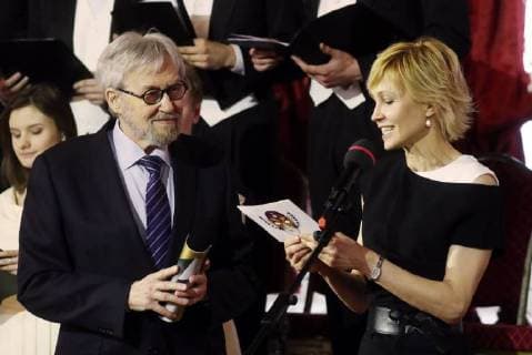 MOSCOW, RUSSIA â€“ MARCH 27, 2018: Actor Vladimir Retsepter (L) and actress Ingeborga Dapkunaite at a ceremony to present the 2018 Golden Mask awards for outstanding contribution to theatre, at the Bolshoi Theatre. Vyacheslav Prokofyev TASS  TS07991C