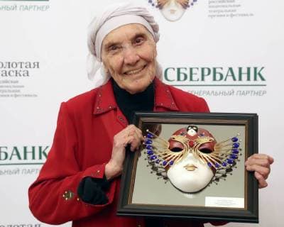 MOSCOW, RUSSIA â€“ MARCH 27, 2018: Actress Vera Kuzmina of the Chuvash Drama Theatre poses for a photograph after she receives a special 2018 Golden Mask award in the Outstanding contribution to the theatrical arts category, at a ceremony at the Bolshoi Theatre. Vyacheslav Prokofyev TASS  TS079943