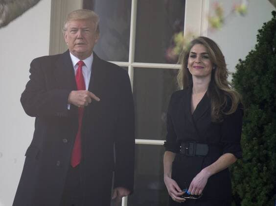 United States President Donald J. Trump gestures towards outgoing White House Communications Director Hope Hicks as he departs the White House in Washington, DC for a day trip to Cleveland, Ohio and then on to Mar-a-Lago for the Easter weekend on Thursday, March 29, 2018. Copyright: x©2018xRonxSachsxConsolidatedxNewsxPhotosxxxAllxRightsxReservedx