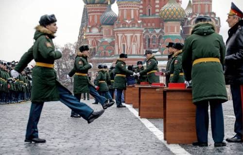 MOSCOW, RUSSIA - MARCH 31, 2018: A ceremony for the 2013-2018 graduating cohort of students of the Moscow Military Music School in Red Square. Mikhail Metzel TASS  TS07A12F
