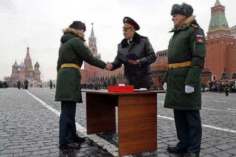 MOSCOW, RUSSIA - MARCH 31, 2018: A ceremony for the 2013-2018 graduating cohort of students of the Moscow Military Music School in Red Square. Mikhail Metzel TASS  TS07A131
