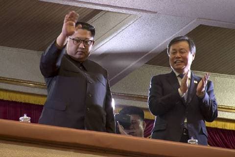 April 1, 2018 - Pyeongyang, NORTH KOREA - April 2, 2018-Pyeongyang, North Korea-North Korean leader Kim Jong Un (L) and South Korean Culture, Sports and Tourism Minister Do Jong Whan watch a performance by a South Korean art troupe in Pyeongyang, North Korea. North Korean leader Kim Jong-un has expressed hope that South Korean musicians performances in Pyongyang could serve as an occasion to show the unity of the two Koreas, state media reported Monday. Pyeongyang NORTH KOREA - ZUMAr168 20180401_zap_r168_002 Copyright: xRyuxSeung-Ilx