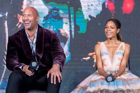 English actress Naomie Harris, right, and American actor Dwayne Johnson attend a press conference for their new movie Rampage in Shanghai, China, 8 April 2018. Dwayne Johnson teams with co-stars to preheat Rampage in Shanghai  pbu781844_18