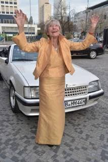 Heidi Hetzer in front of her 30-year-old Opel cadet at the 13 Victress Award iGALA n the UDK University of Arts in Berlin on 09 04 2018