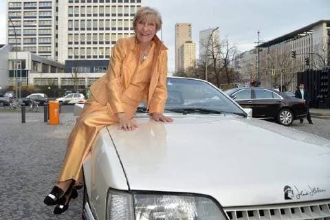 Heidi Hetzer in front of her 30-year-old Opel cadet at the 13 Victress Award iGALA n the UDK University of Arts in Berlin on 09 04 2018