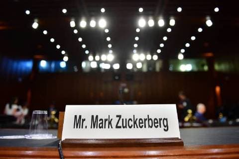 The name tag for Facebook CEO Mark Zuckerberg is seen inside the hearing room prior to a Joint Senate Judiciary and Commerce Committee hearing on Facebook, social media privacy, and the use and abuse of data, on Capitol Hill in Washington, D.C. on April 10, 2018.  WAP201804103111 KEVINxDIETSCH