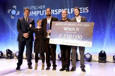 Markus Söder Tina Heitmann Christoph Rienäcker Nils Ohlig and Lukas Köhne at the German Computer Game Award 2018 in the Kesselhaus Munich 10 04 2018 Foto:xP.xSchönbergerx xFuturexImage