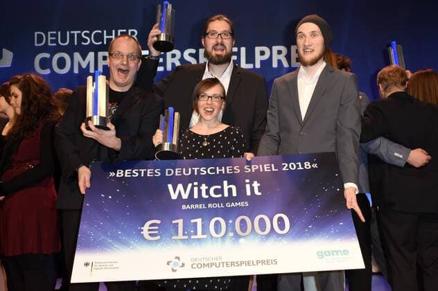 Nils Ohlig Tina Heitmann Christoph Rienäcker and Lukas Köhne at the presentation of the German Computer Game Prize 2018 in the Kesselhaus Munich 10 04 2018 Foto:xP.xSchönbergerx xFuturexImage