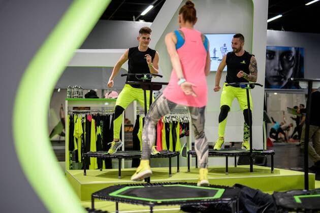 FIBO International Trade Fair for Fitness 12 04 2018 Models training on a trumpet during FIBO at 12 04 2018 Köln NRW Germany Messe