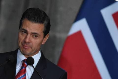 April 12, 2018 - Mexico City, Mexico - Mexico s President Enrique Pena Nieto seen speaking during the visit of Prime Minister of Norway Erna Solberg at a press conference on the theme of Energy at the National Palace in Mexico City. Mexico City Mexico - ZUMAs197 20180412_zaa_s197_092 Copyright: xCarlosxTischlerx