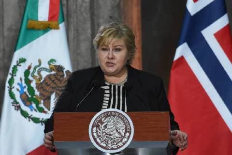 April 12, 2018 - Mexico City, Mexico - Prime Minister of Norway Erna Solberg seen speaking during a press conference on the theme of Energy at the National Palace in Mexico City. Mexico City Mexico - ZUMAs197 20180412_zaa_s197_099 Copyright: xCarlosxTischlerx