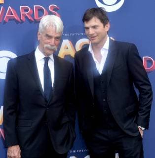 (L-R) Actors Sam Elliott and Ashton Kutcher attend the 53rd annual Academy of Country Music Awards held at MGM Grand Garden Arena in Las Vegas, Nevada on April 15, 2018. The show will be telecast live on CBS.  LAV20180415170 JIMxRUYMEN