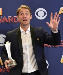 Brett Young, winner of the award for New Male Vocalist of the Year, appears backstage at the 53rd annual Academy of Country Music Awards held at MGM Grand Garden Arena in Las Vegas, Nevada on April 15, 2018. The show will be telecast live on CBS.  LAV20180415382 JIMxRUYMEN