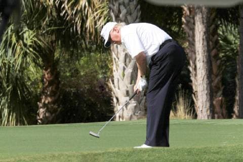 February 11, 2017 - Jupiter, Florida, United States Of America - NEW YORK DALLIES OUT ..JUPITER, FL - FEBRUARY 11: (EXCLUSIVE COVERAGE) - US President Donald Trump and Japan s Prime Minister Shinzo Abe enjoy playing golf in Florida After reportedly hitting it off in the Oval Office, President Donald Trump and his Japanese counterpart Shinzo Abe teed off on the golf course and discussed US-Asia engagement. on February 11, 2017 in Jupiter, Florida...People: Donald Trump Jupiter United States Of America - ZUMAn287 20170211_zaa_n287_008 Copyright: xSMGx