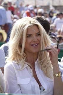 Swedish fashion model Victoria Silvstedt in a box at Court Rainier III in the Monte Carlo Country Club at the Rolex Monte Carlo Masters 1000 ATP World Tour tennis tournament