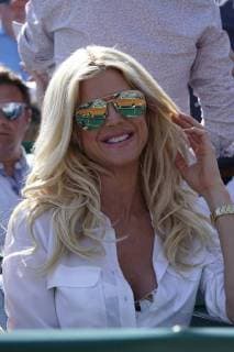 Swedish fashion model Victoria Silvstedt in a box at Court Rainier III in the Monte Carlo Country Club at the Rolex Monte Carlo Masters 1000 ATP World Tour tennis tournament