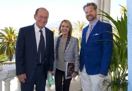 Menton, France - April 20, 2018: Mayor of Menton Jean-Claude Guibal and wife Colette Giudicelli with Paul Emmanuel Thomas at The 69th Festival de Musique Press Conference Classical Music Festival 69th Festival de Musique Menton, Mayor of Menton Jean-Claude Guibal and wife Colette Giudicelli with Paul Emmanuel Thomas