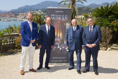 Bilder des Tages Menton, France - April 20, 2018: 69th Festival de Musique Press Conference with Paul Emmanuel Thomas, Jean Claude Guibal, Alain Frere and Pierre Paul Leonelli. Classic Music Summer Festival 69e Festival de Musique Menton, Press Conference