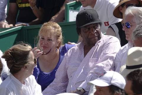 German pop singer Roberto Blanco with wife Luzandra Strasbourg as a spectator at Court Rainier III at Monte Carlo Country Club at the tennis tournament Rolex Monte Carlo Masters 1000 of the ATP World Tour Principality of Monaco