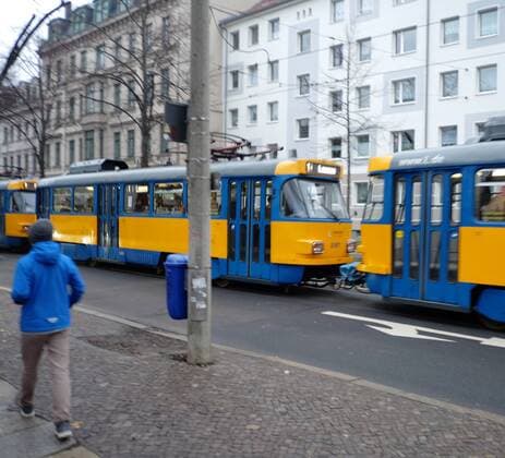 Leipzig 28 MAR 2018 Tram Line 1 to Lausen In Leipzig the trams are yellow and blue LEIPZIG Copyright: Priller&MAUG PRM026393X