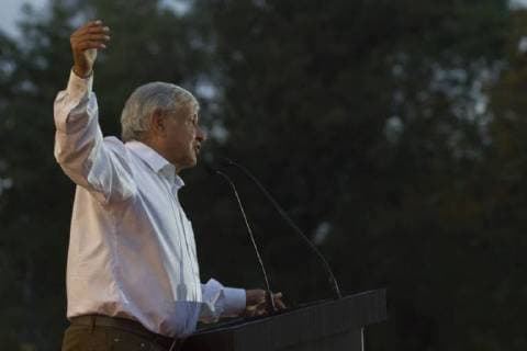 April 20, 2018 - Xochimilco, Mexico, MEXICO - Presidential candidate Andres Manuel Lopez Obrador, with the MORENA party, during his campaign rally in Milpa Alta in Mexico City, Friday, April 20, 2018. Mexico will hold general elections on July 1. Xochimilco MEXICO - ZUMAp124 20180420_zaa_p124_510 Copyright: xOctavioxNavax
