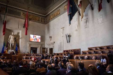 April 21, 2018 - Rome, Lazio, Italy - celebration ceremony for the 2771st Christmas in Rome. The celebrations were launched by the Mayor of Rome Virginia Raggi and the President of the Capitoline Assembly Marcello De Vito. Also present were the Deputy Mayor with responsibility for Cultural Growth, Luca Bergamo, the Councillor for Person, School and Community Solidarity, Laura Baldassarre, .The Mayor Virginia Raggi awarded Gigi Proietti the Premio Cultori di Roma 2018 , promoted by the Istituto nazionale di Studi Romani and intended for personalities who have distinguished themselves in their studies and works on Rome.on April 21, 2018 in Rome, Italy Rome Italy - ZUMAn230 20180421_zaa_n230_659 Copyright: xAndreaxRonchinix