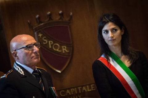 April 21, 2018 - Rome, Lazio, Italy - the Mayor of Rome Virginia Raggi with Antonio Di Maggio commander of the Police of Rome Capital during the celebration ceremony for the 2771st Christmas in Rome. The celebrations were launched by the Mayor of Rome Virginia Raggi and the President of the Capitoline Assembly Marcello De Vito. Also present were the Deputy Mayor with responsibility for Cultural Growth, Luca Bergamo, the Councillor for Person, School and Community Solidarity, Laura Baldassarre, .The Mayor Virginia Raggi awarded Gigi Proietti the Premio Cultori di Roma 2018 , promoted by the Istituto nazionale di Studi Romani and intended for personalities who have distinguished themselves in their studies and works on Rome.on April 21, 2018 in Rome, Italy Rome Italy - ZUMAn230 20180421_zaa_n230_665 Copyright: xAndreaxRonchinix