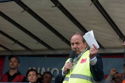 April 24, 2018 - Berlin, Germany - The Verdi chairman Frank Bsirske speaks during the demonstration against the awarding of the Axel Springer Award 2018 to Amazon founder Jeff Bezos for his visionary entrepreneurship . Employees of the company demonstrated under the motto Make Amazon Pay Again against the Axel Springer Award the outstanding personalities, according to the media company, who are particularly innovative, create and change markets and face up to their social responsibility. Trade unions criticize the poor working conditions in Amazon s logistics centers, which they do not consider worthy of praise. Berlin Germany - ZUMAs197 20180424_zaa_s197_010 Copyright: xMarkusxHeinex