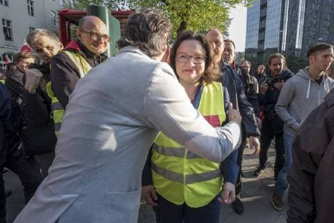 Party leader Andrea Nahles SPD during a protest action of the United Services Union ver di against the awarding of the Axel Springer Award to Amazon boss Jeff Bezos before the Axel Springer Verlag in Berlin employees protest against the awarding of the Axel Springer Award to Amazon boss Bezos
