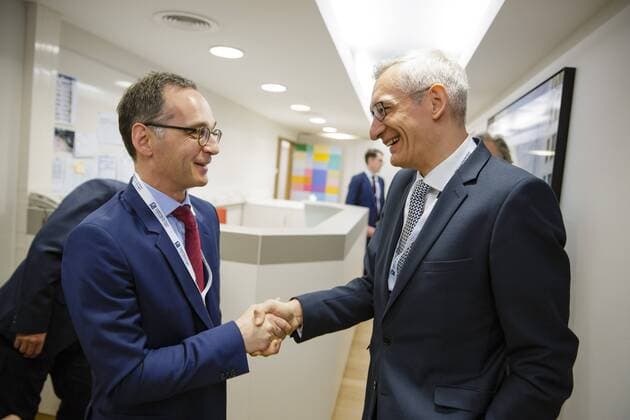Federal Foreign Minister Heiko Maas L SPD met in Brussels before the start of the conference on support for Syria and the region with the Secretary of State in the German Development Ministry Martin Jaeger Brussels 25 04 2018 Brussels Belgium Copyright: xThomasxTrutschelx