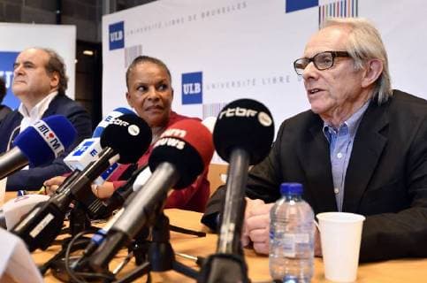 ULB rector Yvon Englert, French former justice minister Christiane Taubira and UK director Ken Loach pictured at a press conference in marge of a ceremony for the Doctor Honoris Causa honorary degrees of the ULB (Universite Libre de Bruxelles) university, Thursday 26 April 2018 in Brussels.  ERICxLALMAND 05336647