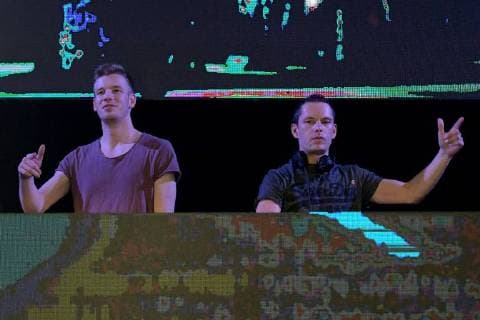 But disturbed Geil at the Love Music Festival on 29 04 2018 in the Turbinenhalle in Oberhausen The DJ Duo Annoyed but Geil Marcel Stephaan left Nico Wendel right at the Love Music Festival in the Turbinenhalle in Oberhausen on the stage xJFx