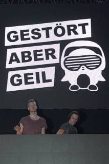 But disturbed Geil at the Love Music Festival on 29 04 2018 in the Turbinenhalle in Oberhausen The DJ Duo Annoyed but Geil Marcel Stephaan left Nico Wendel right at the Love Music Festival in the Turbinenhalle in Oberhausen on the stage xJFx
