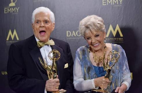 Bill Hayes (L) and Susan Seaforth Hayes hold up their Lifetime Achievement Awards backstage in the press room during the 45th Annual Daytime Emmy Awards at the Pasadena Civic Auditorium in Pasadena, California on April 29, 2018.  LAP201804291056 CHRISxCHEW