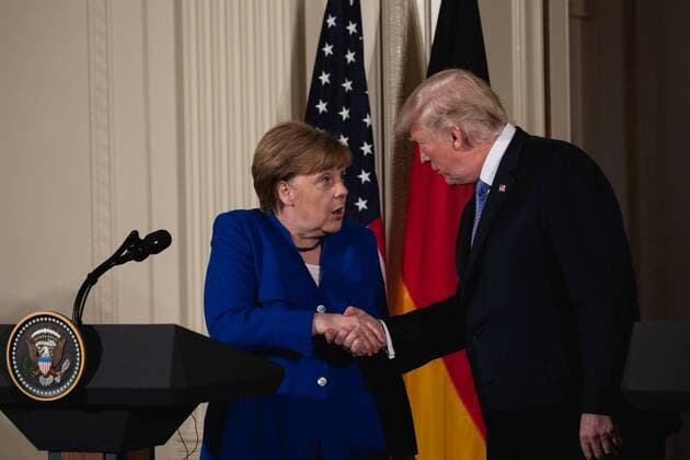 April 27, 2018 - Washington, DC, United States - (L-R): Germany s Chancellor Angela Merkel, and U.S. President Donald Trump shake hands, during their joint press conference in the East Room of the White House in Washington, D.C., on Friday, April 27, 2018. ( ) Washington United States  - ZUMAn230 20180427_zaa_n230_1483 Copyright: xCherissxMayx