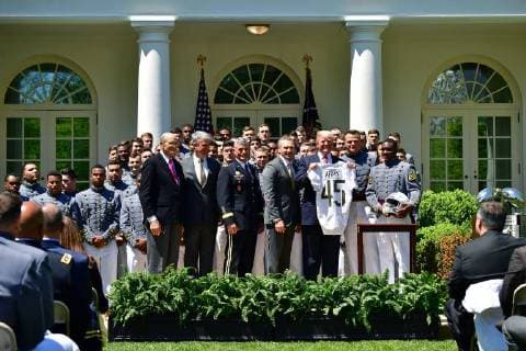 President Donald Trump delivers remarks at a ceremony where he presented the Commander-in-Chief?s Trophy to the U.S. Military Academy football team, in the Rose Garden at the White House in Washington, D.C. on May 1, 2018. The Commander-in-Chief Trophy is presented each year to the season s winner of the American college football competition among the three service academies.  WAP20180501305 KEVINxDIETSCH