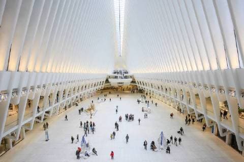 People in the Oculus main hall of the U station with shopping center World Trade Center Transportation Hub WTC Architect Santiago Calatrava Manhattan New York City New York United States of America New York City New York United States of America