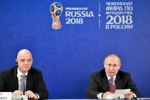SOCHI, RUSSIA â€“ MAY 3, 2018: FIFA President Gianni Infantino (L) and Russia s President Vladimir Putin at a meeting of the Supervisory Board of the 2018 FIFA World Cup Russia Local Organising Committee. Alexei Nikolsky Russian Presidential Press and Information Office TASS  TS07DEDE