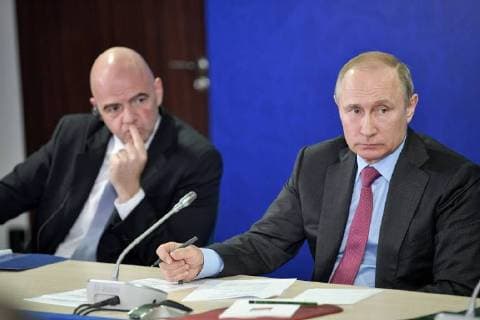 SOCHI, RUSSIA â€“ MAY 3, 2018: FIFA President Gianni Infantino (L) and Russia s President Vladimir Putin at a meeting of the Supervisory Board of the 2018 FIFA World Cup Russia Local Organising Committee. Alexei Nikolsky Russian Presidential Press and Information Office TASS  TS07DEE0