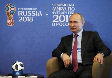 SOCHI, RUSSIA â€“ MAY 3, 2018: Russia s President Vladimir Putin during a meeting with FIFA President Gianni Infantino. Mikhail Metzel TASS  TS07DEF1