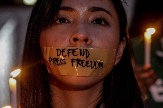 May 3, 2018 - Quezon City, Philippines - Filipino student activists rally at the University of the Philippines in Quezon City in commemoration of World Press Freedom Day. The groups protest against the current administration s issues such as spreading fake news, human rights and press freedom violations. Quezon City Philippines - ZUMAs213 20180503_zap_s213_007 Copyright: xBasilioxSepex