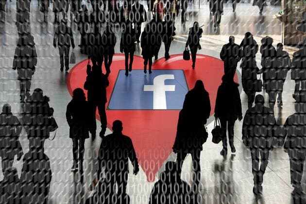 Icon image for the planned dating app of Facebook company logo with heart and the outlines of a crowd with binary numbers