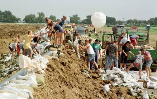 Volunteers fill and stack on Monday 19 08 2002 at Torgau on the Elbe Sandsäcke Bundeswehr Forces of DRK and THW and many volunteers try everything in the flood disaster to prevent further flooding
