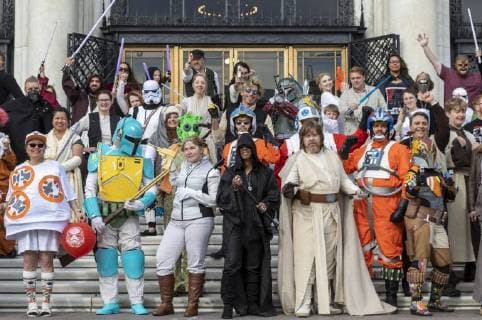 May 4, 2018 - Detroit, Michigan, U.S. - Detroit, Michigan USA - 4 May 2018 - People dressed in Star Wars costumes gather on the front steps of the Detroit Institute of Arts for Star Wars Day. A show called Star Wars and the Power of Costume will soon open at the museum. Detroit U.S. - ZUMAw66_ 20180504_zaf_w66_502 Copyright: xJimxWestx
