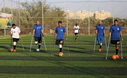 May 7, 2018 - Deir Al-Balah, Gaza Strip, Palestinian Territory - Disabled Palestinians who were lost their limbs during the Israeli wars on Gaza Strip participate in football training, in Deir al-Balah in the center of Gaza Strip on May 7, 2018 Deir Al-Balah Palestinian Territory - ZUMAap3_ 20180507_zaf_ap3_085 Copyright: xAshrafxAmrax