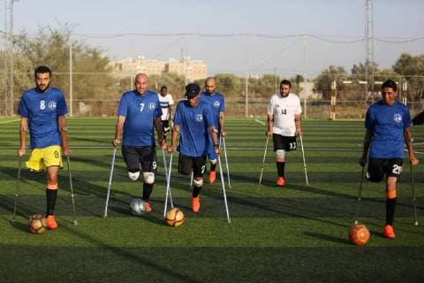 May 7, 2018 - Deir Al-Balah, Gaza Strip, Palestinian Territory - Disabled Palestinians who were lost their limbs during the Israeli wars on Gaza Strip participate in football training, in Deir al-Balah in the center of Gaza Strip on May 7, 2018 Deir Al-Balah Palestinian Territory - ZUMAap3_ 20180507_zaf_ap3_082 Copyright: xAshrafxAmrax