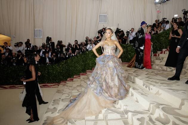 Ariana Grande arrives on the red carpet at The Metropolitan Museum of Art s Costume Institute Benefit Heavenly Bodies: Fashion and the Catholic Imagination at Metropolitan Museum of Art in New York City on May 7, 2018.  NYP20180507380 JOHNxANGELILLO