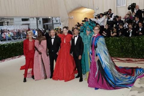 Troye Sivan, Adut Akech, Adam Shulman, Anne Hathaway, Pierpaolo Piccioli, Frances McDormand and Hamish Bowle arrive on the red carpet at The Metropolitan Museum of Art s Costume Institute Benefit Heavenly Bodies: Fashion and the Catholic Imagination at Metropolitan Museum of Art in New York City on May 7, 2018.  NYP20180507363 JOHNxANGELILLO
