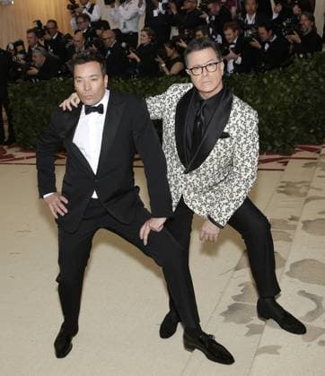 Jimmy Fallon and Stephen Colbert arrive on the red carpet at The Metropolitan Museum of Art s Costume Institute Benefit Heavenly Bodies: Fashion and the Catholic Imagination at Metropolitan Museum of Art in New York City on May 7, 2018.  NYP20180507780 JOHNxANGELILLO
